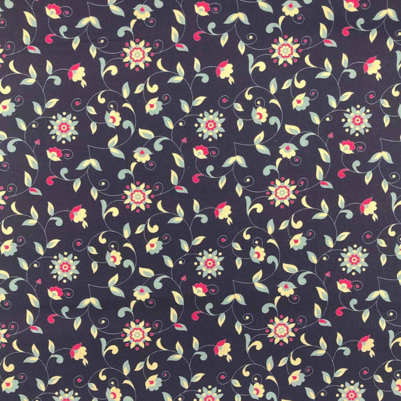 Cotton Fabric ~ Navy Blue Hip Swirl Floral Print ~ 100% Cotton Prints