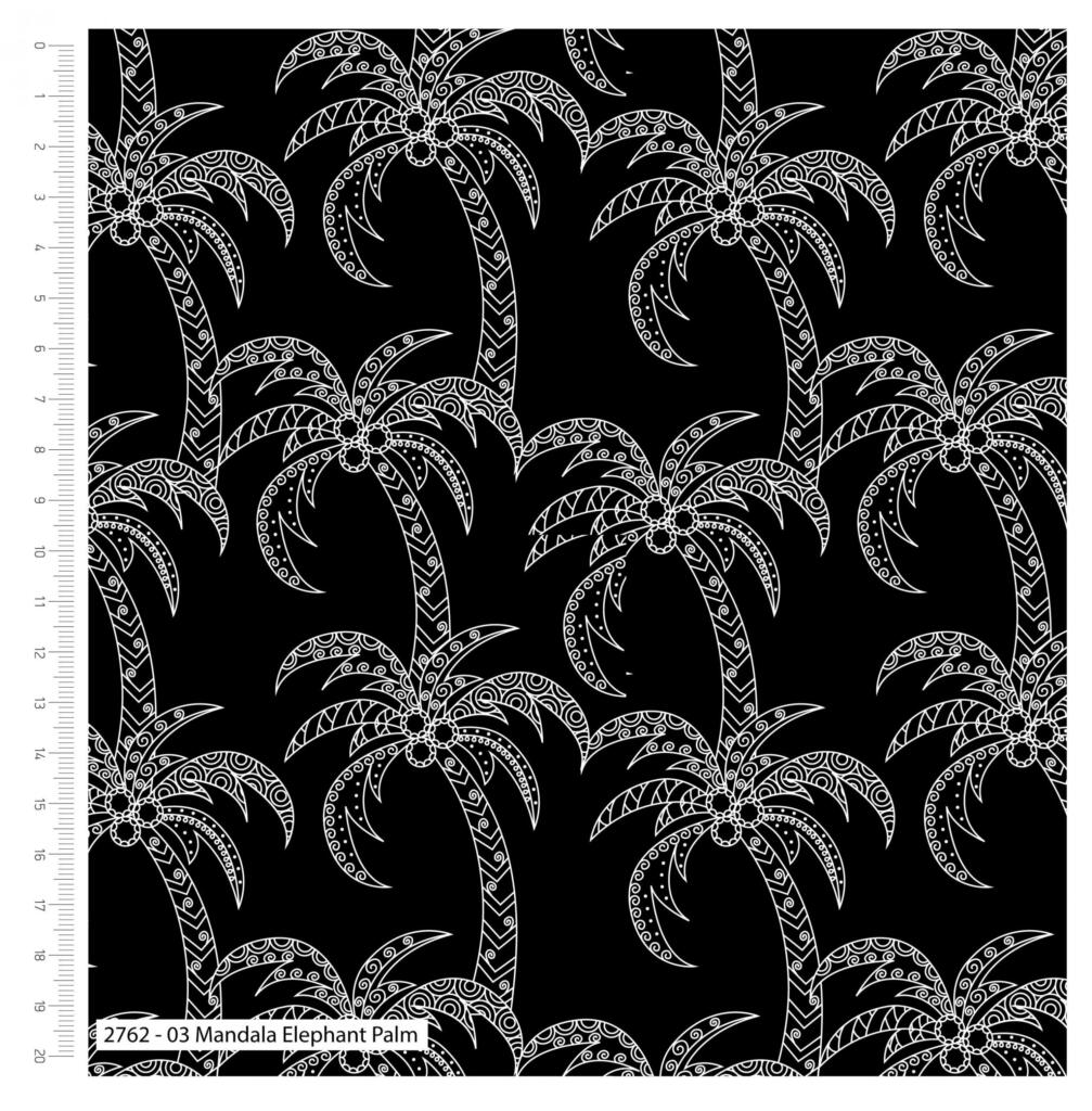 Cotton Fabric ~ Mandala Jungle White Palm Tree on Black ~ 100% Cotton Prints