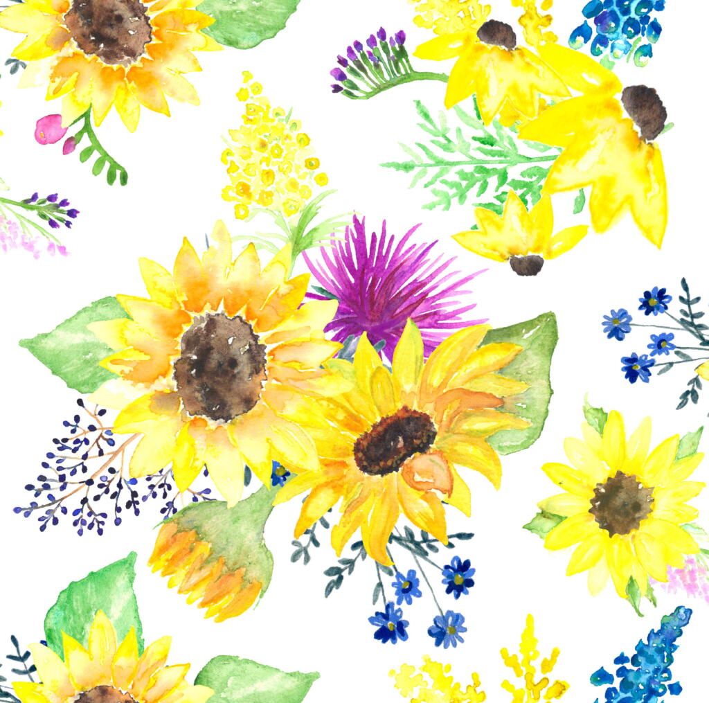 Cotton Fabric ~ Sunflower Days Yellow Purple & Blue Flowers on White ~ 100% Cotton Prints