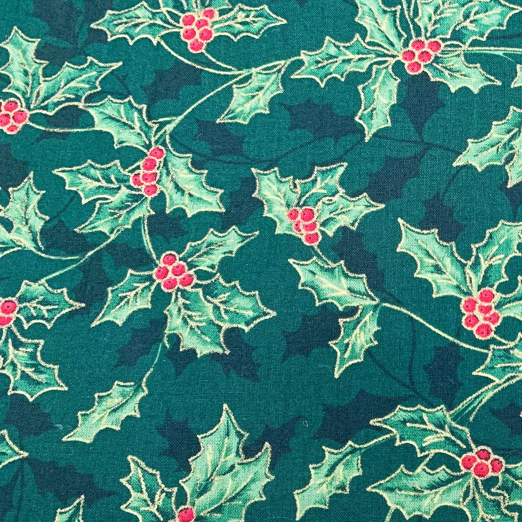 Christmas Fabric - Metallic Gold Holly & Berry Print on Green - 100% Cotton