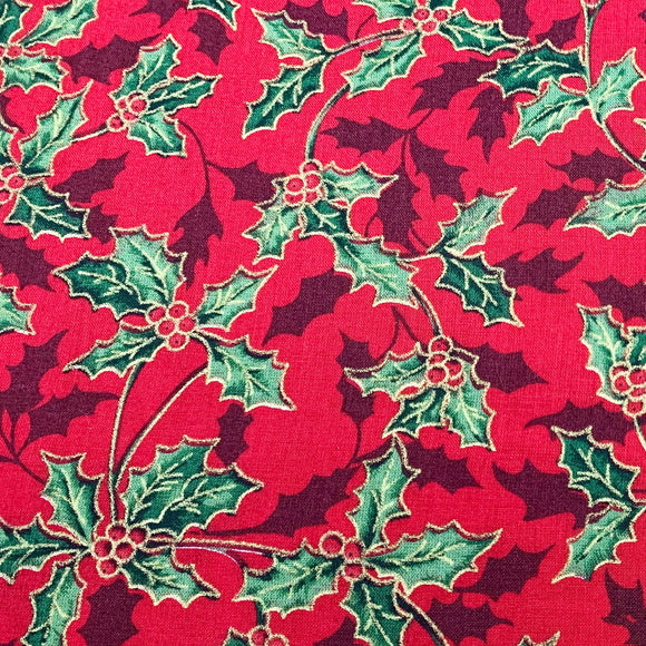 Christmas Fabric - Metallic Gold Holly & Berry Print on Red - 100% Cotton