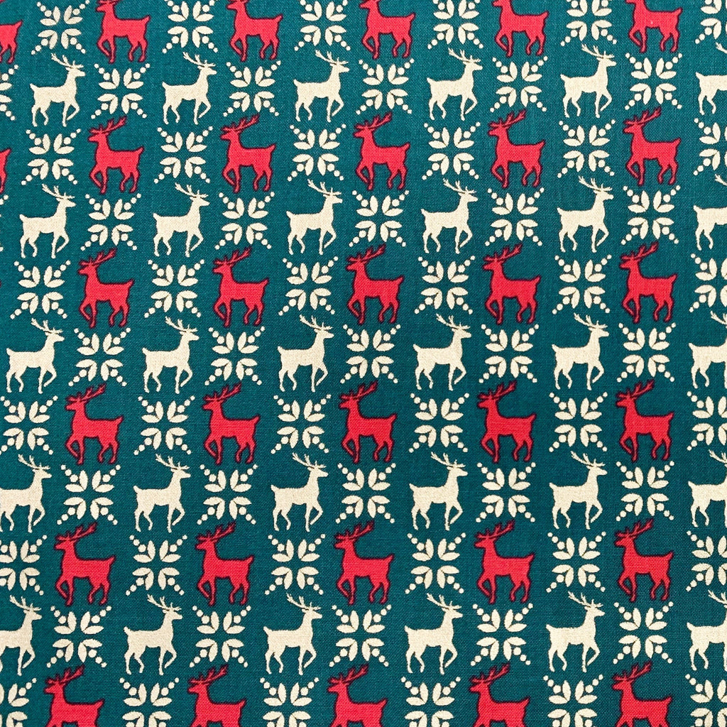 Christmas Fabric - Red & Gold Scandi Reindeer on Green - 100% Cotton