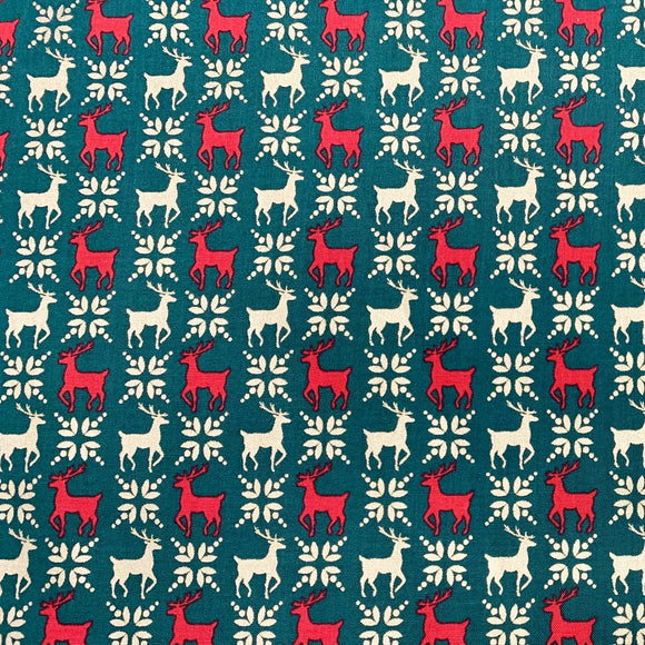 Christmas Fabric - Red & Gold Scandi Reindeer on Green - 100% Cotton