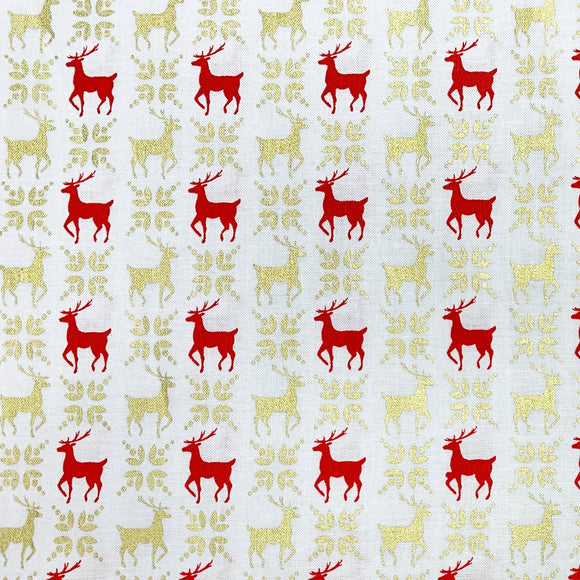 Christmas Fabric - Red & Gold Scandi Reindeer on Cream - 100% Cotton