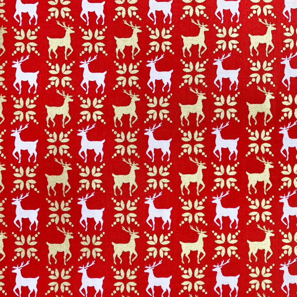 Christmas Fabric - White & Gold Scandi Reindeer on Red - 100% Cotton