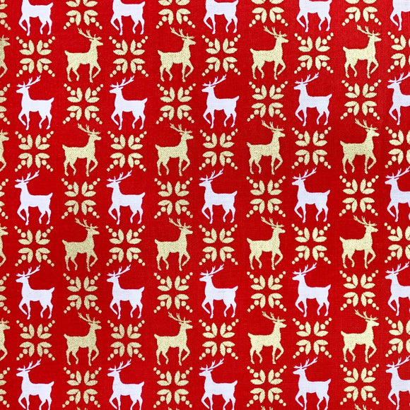 Christmas Fabric - White & Gold Scandi Reindeer on Red - 100% Cotton