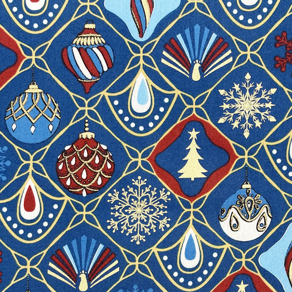 Christmas Fabric - Retro Baubles & Snowflakes Navy Blue - Craft Fabric Material Metre