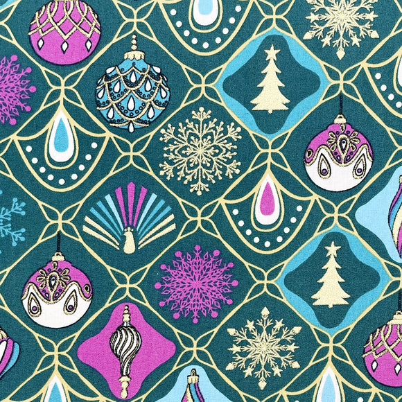 Christmas Fabric - Retro Baubles & Snowflakes Green - Craft Fabric Material Metre