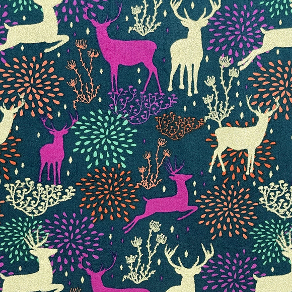 Christmas Fabric - Floral Reindeer Gold & Bottle Green - Craft Fabric Material Metre