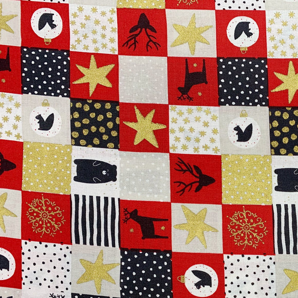 Christmas Fabric - Red & Gold Check Reindeer Star Snowflake Squirrel - 100% Cotton