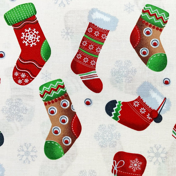 Christmas Fabric - Christmas Stockings & Snowflake on Ivory - 100% Cotton