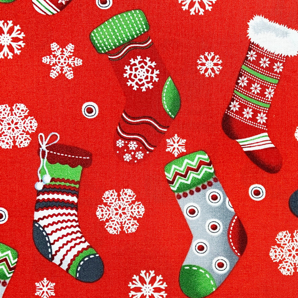 Christmas Fabric - Christmas Stockings & Snowflake on Red - 100% Cotton