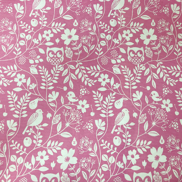 Cotton Poplin Fabric - Cute Owls, Birds & Floral on Pink