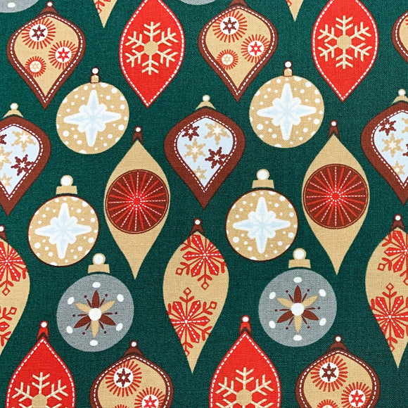 Christmas Fabric - Red & Gold Snowflake Baubles on Green - 100% Cotton