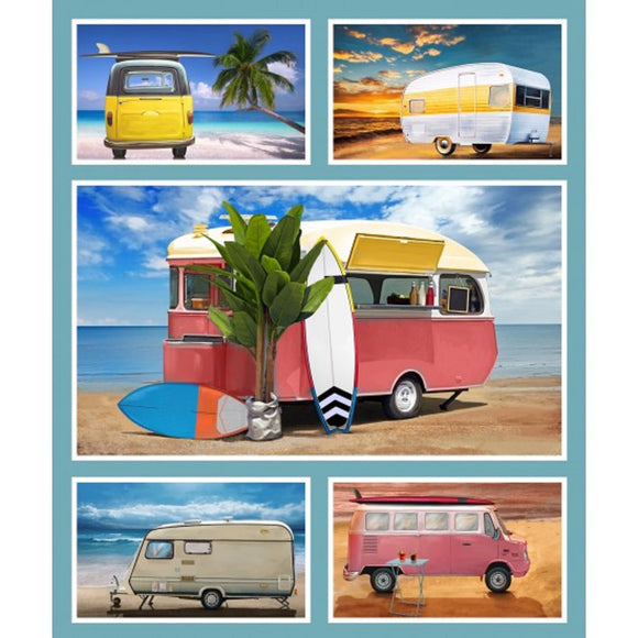 100% Cotton Panel  - Retro Camper Van & Caravans - Nutex Fabric - Sold Per Panel