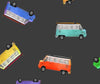 100% Cotton - Retro Camper Vans on Black - Nutex Fabric - 112cm wide