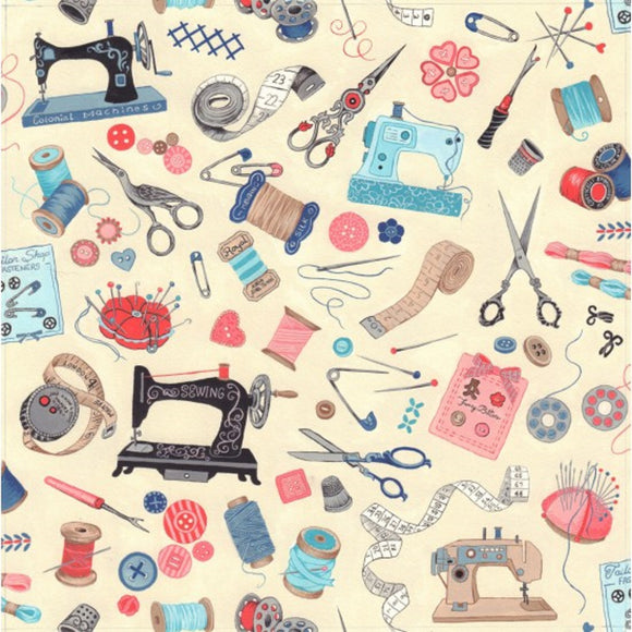 100% Cotton - Sew Vintage Haberdashery on Cream - Nutex Fabric - 112cm wide