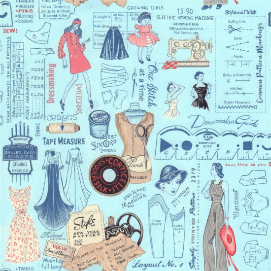 100% Cotton - Sew Vintage Haberdashery on Blue - Nutex Fabric - 112cm wide