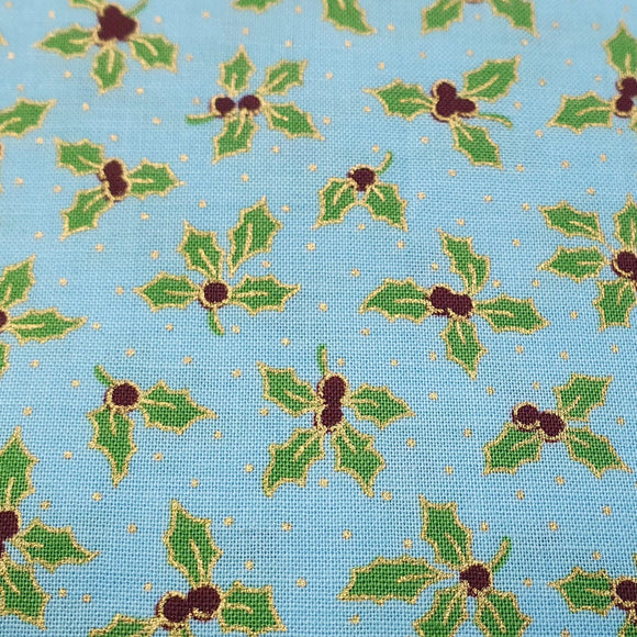 Christmas Fabric - Turquoise Metallic Gold Small Holly Berry Leaves - 100% Cotton