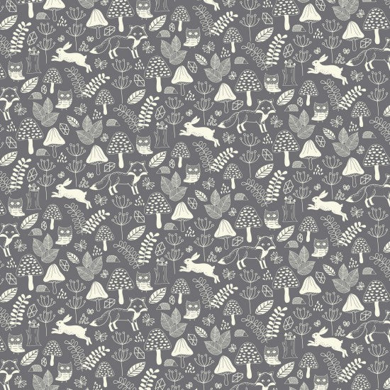 Nutex Wildwood Cotton Fabric - Cute Grey Fox & Hare Print