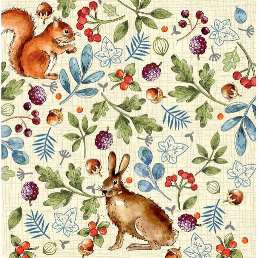 100% Cotton - Nature Trail - Rabbits Squirrels Woodland Scene on Cream ...