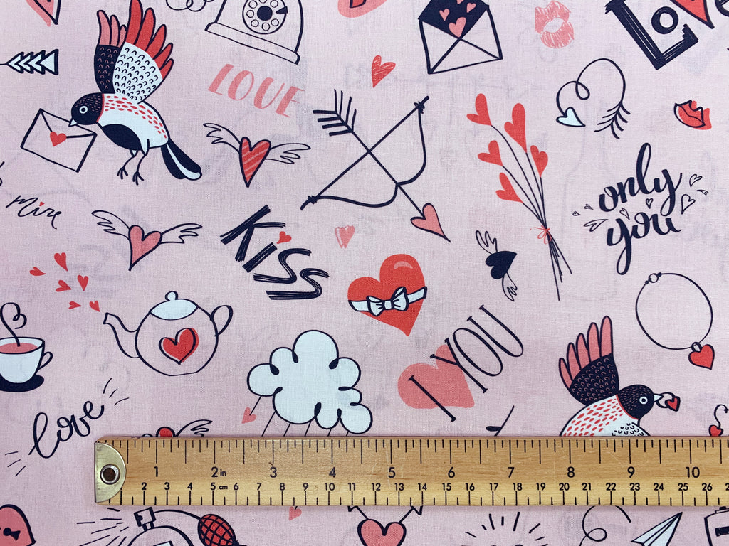 Valentine's Day Fabric - Pink Doodle Love Heart Fabric - 100% Cotton