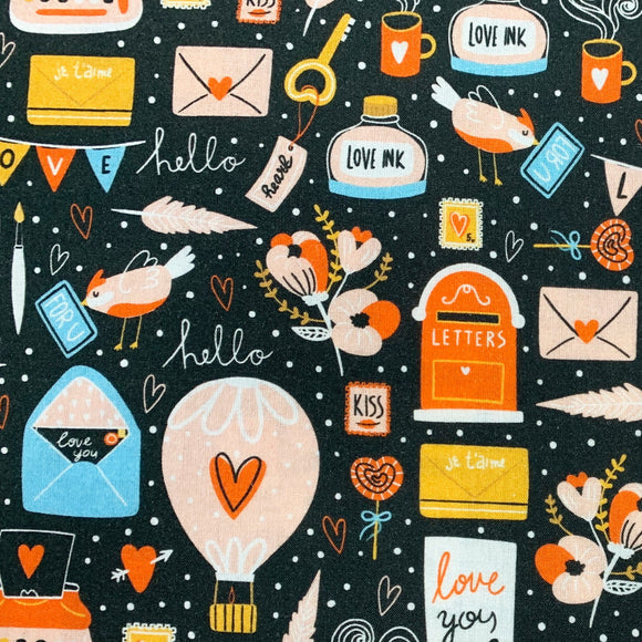 Digital Print Fabric - Christmas Love Letter on Black - 100% Cotton