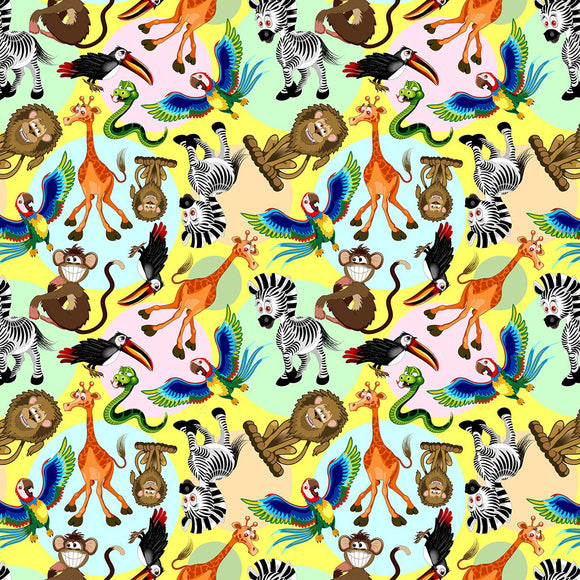 Children's Cotton Fabric - Jolly Jungle - Wild Animals - Cartoon Zoo Animals