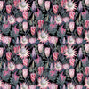 Cotton Fabric - Floral Print - Pink & Purple Protea Flowers on Black