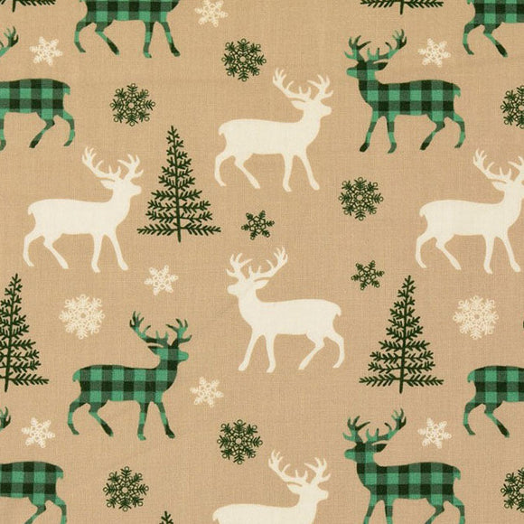 Christmas Fabric - Green & Cream Tartan Check Reindeers - 100% Cotton