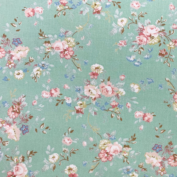 100% Cotton Poplin - Pink Rose Blossom on Green