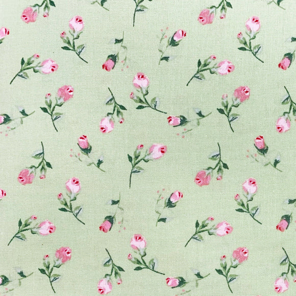 100% Cotton Poplin - Pretty Pink Rose Bud on Green