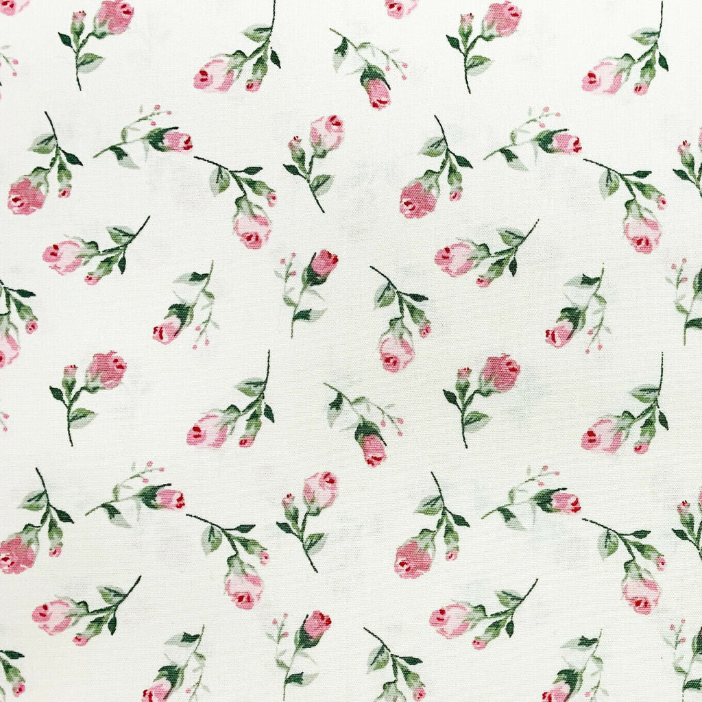 100% Cotton Poplin - Pretty Pink Rose Bud on Ivory