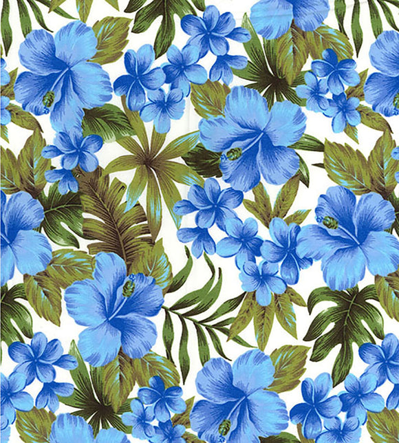 Cotton Poplin Fabric - Blue Hibiscus Hawaiian Floral Print