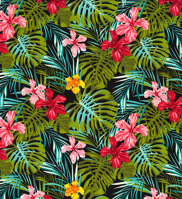 Hibiscus Flowers & Palm Leaves on Black - Quality Cotton Craft Fabric Material