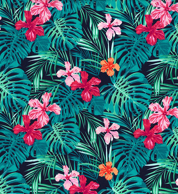 Hibiscus Flowers & Palm Leaves Navy & Fuchsia - Quality Cotton Craft Fabric Material