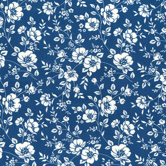 Cotton Fabric ~ Pretty White Flowers on Copen Blue ~ 100% Cotton Poplin Prints