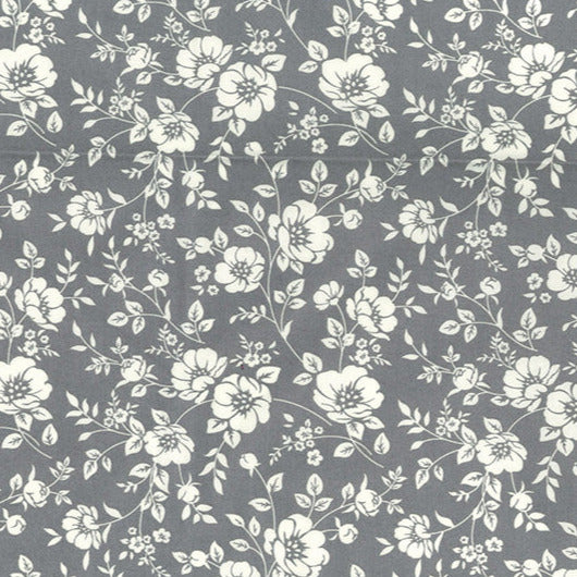 Cotton Fabric ~ Pretty White Flowers on Grey ~ 100% Cotton Poplin Prints