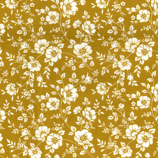 Cotton Fabric ~ Pretty White Flowers on Mustard Yellow ~ 100% Cotton Poplin Prints