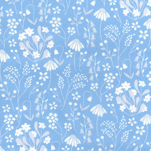 100% Cotton Poplin - White & Grey Daisy Floral Print on Blue