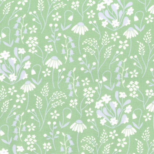 100% Cotton Poplin - White & Grey Daisy Floral Print on Green