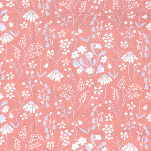 100% Cotton Poplin - White & Grey Daisy Floral Print on Pink