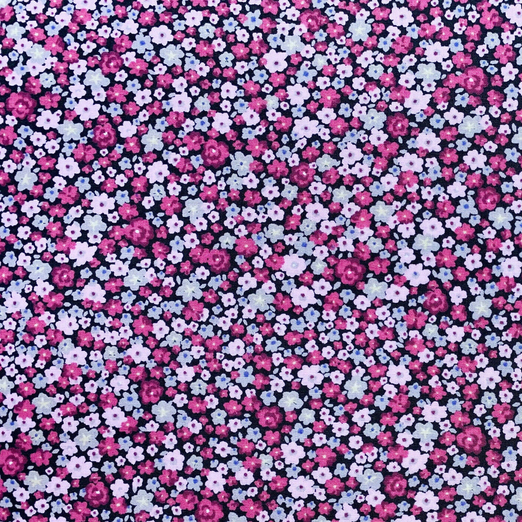 100% Cotton - Small Pink & Lilac Ditsy Floral Print on Black - Quality Cotton Craft Fabric Material