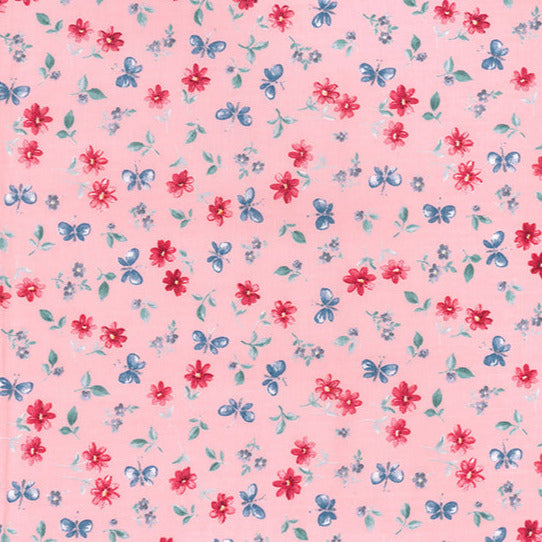 Floral Fabric - Flowers & Butterflies on Pink - 100% Cotton Fabric