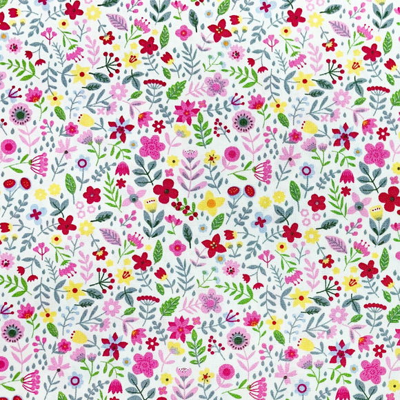 100% Cotton Poplin - Pink & Yellow Spring Ditsy Floral Print
