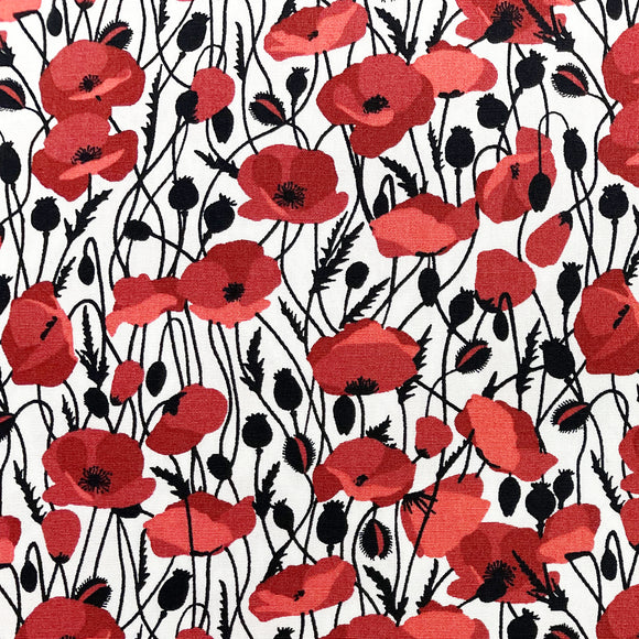 Cotton Poplin - Red Poppy & Black Leaf on Ivory