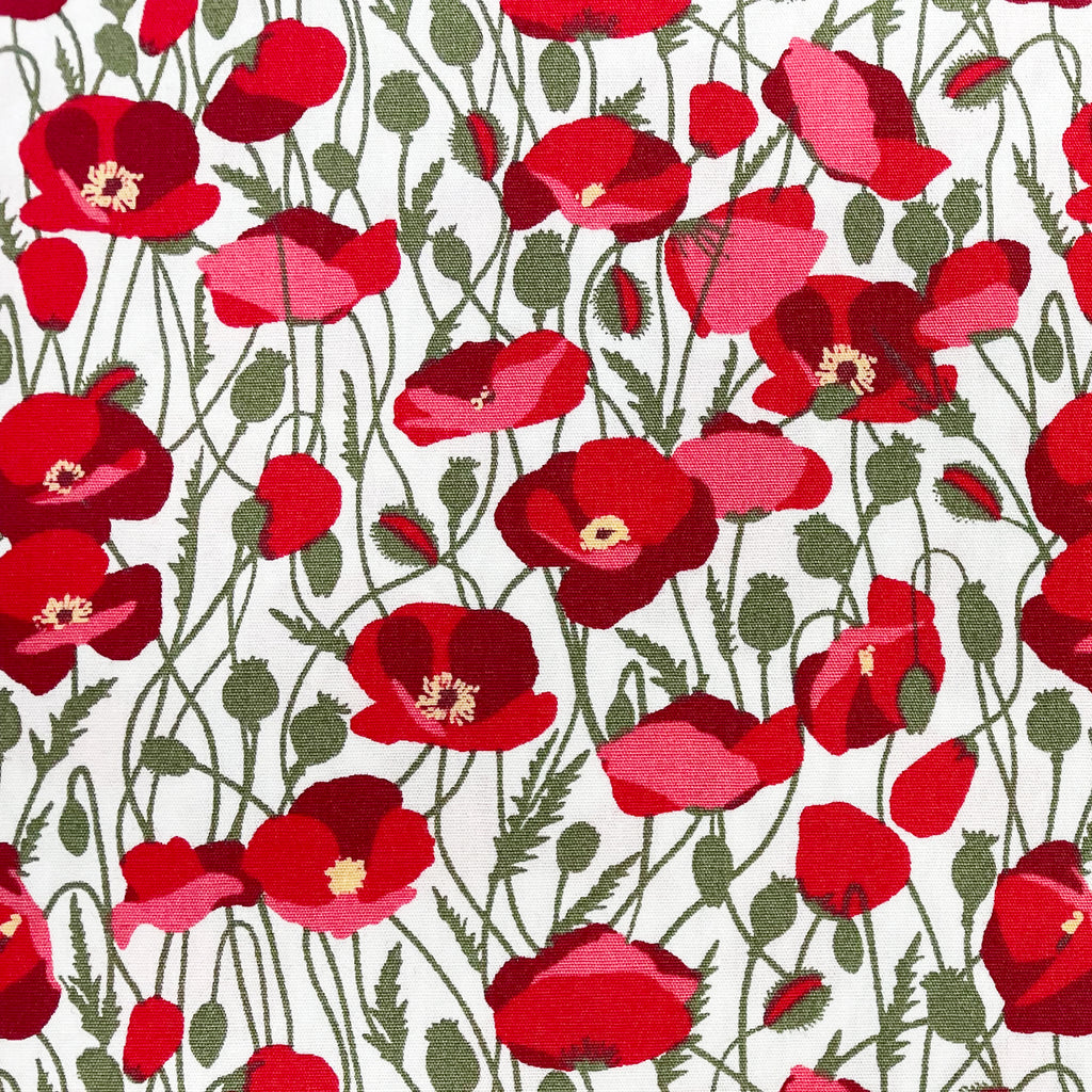 Cotton Poplin - Red Poppy & Green Leaf on Ivory