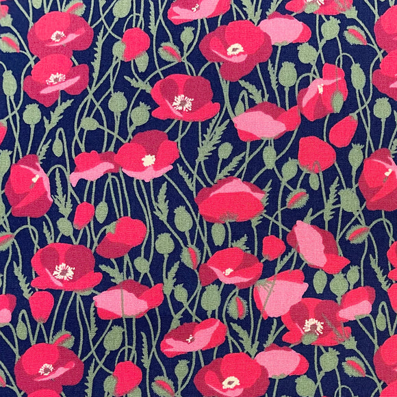 Cotton Poplin - Red Poppy & Green Leaf on Navy Blue