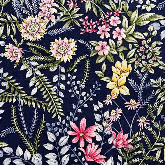 Cotton Fabric - Meadow Flowers Floral on Navy Blue