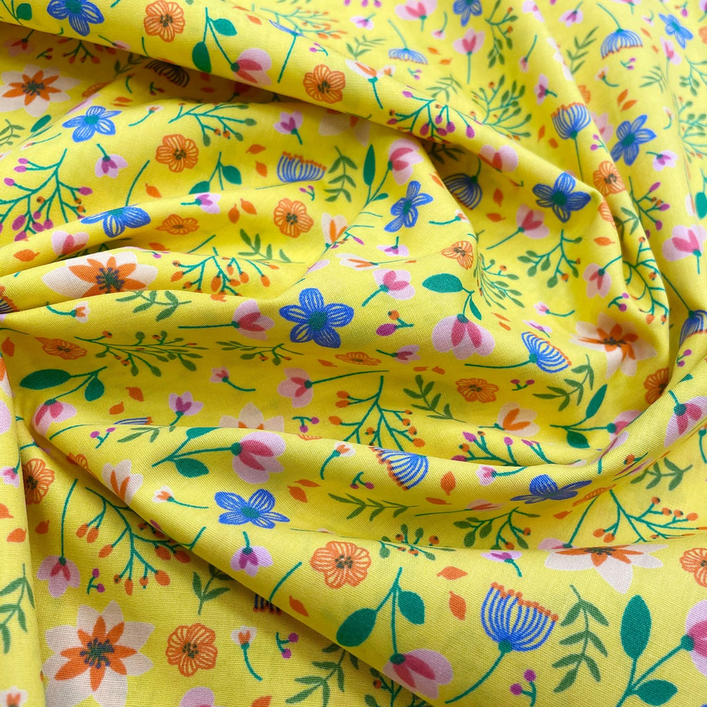 Cotton Poplin Fabric - Bright Multi Colour Floral on Yellow